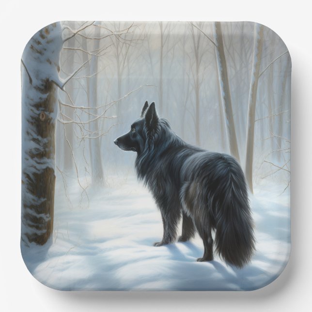 Plato De Papel Sheepdog belga deja que nieva a Navidades (Anverso)