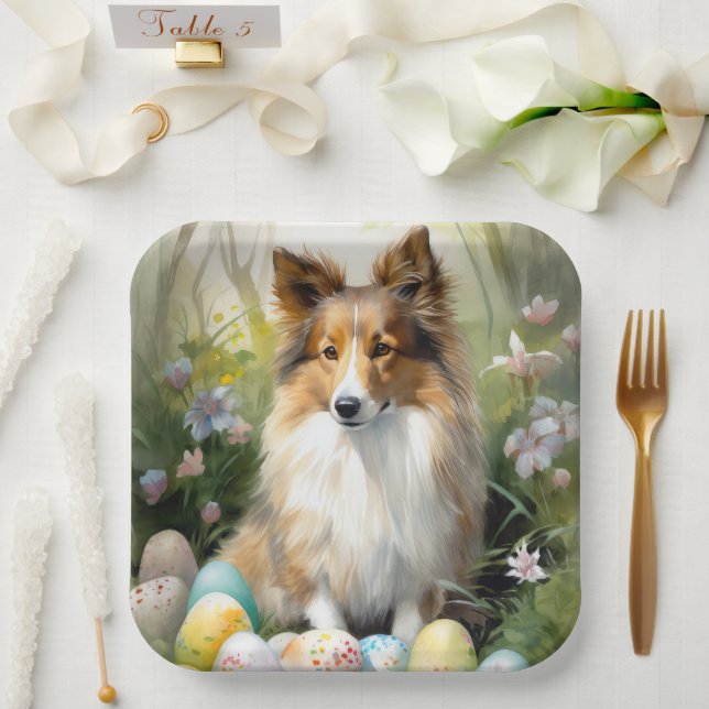 Plato De Papel Sheepdog de Shetland con festividad de huevos de P (Boda)