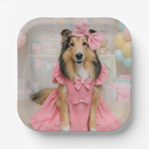 Sheltie con vestido rosa