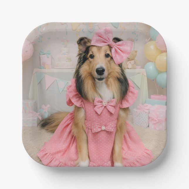 Plato De Papel Sheltie in pink dress (Anverso)
