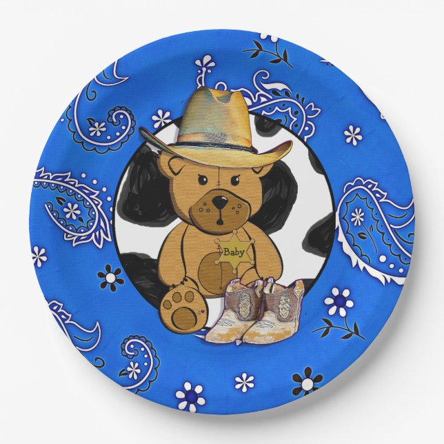 Plato De Papel Sheriff Teddy Bear Blue Bandanna Placas de papel (Anverso)
