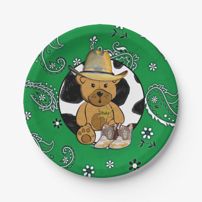 Plato De Papel Sheriff Teddy Bear Green Bandanna Cake Paper Placa (Anverso)