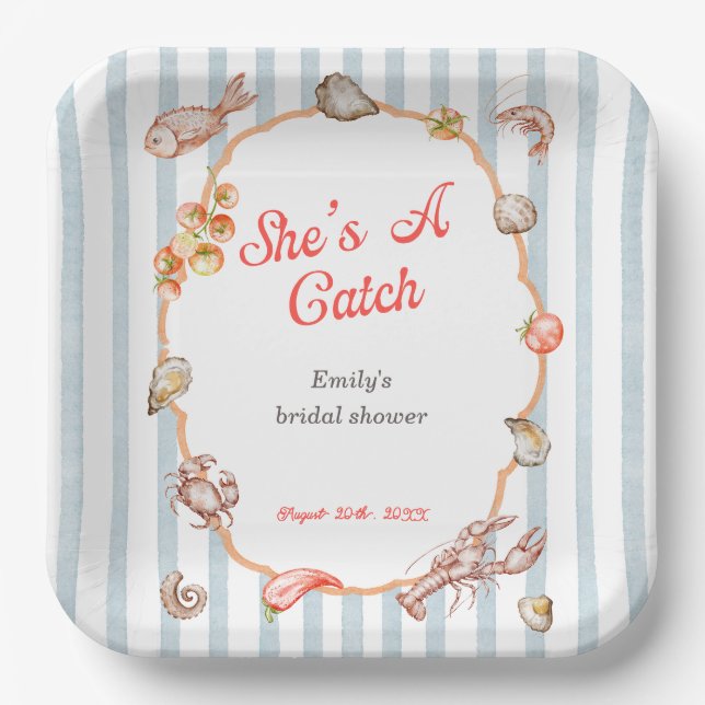 Plato De Papel She's A Catch Lobster Coastal Bridal Shower (Anverso)