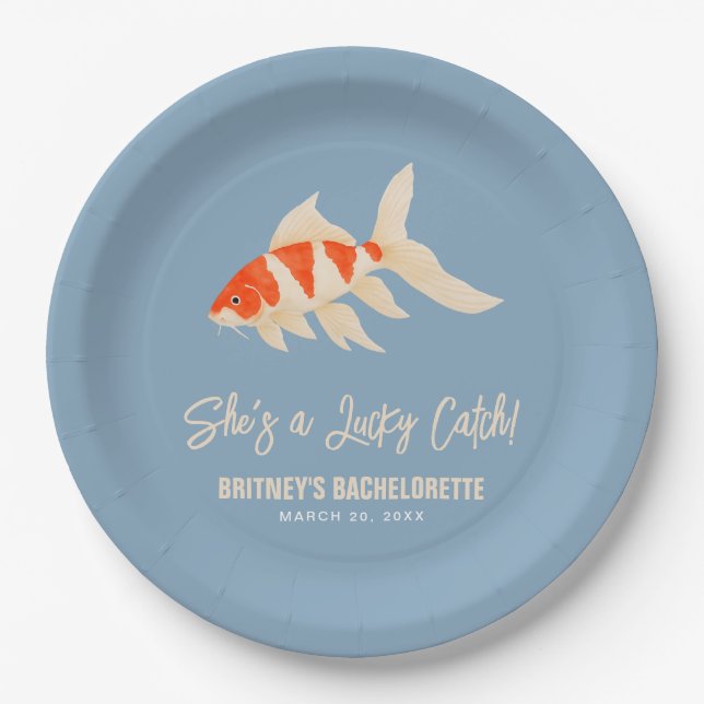 Plato De Papel She's A Lucky Catch Koi Fish Blue Bachelorette (Anverso)