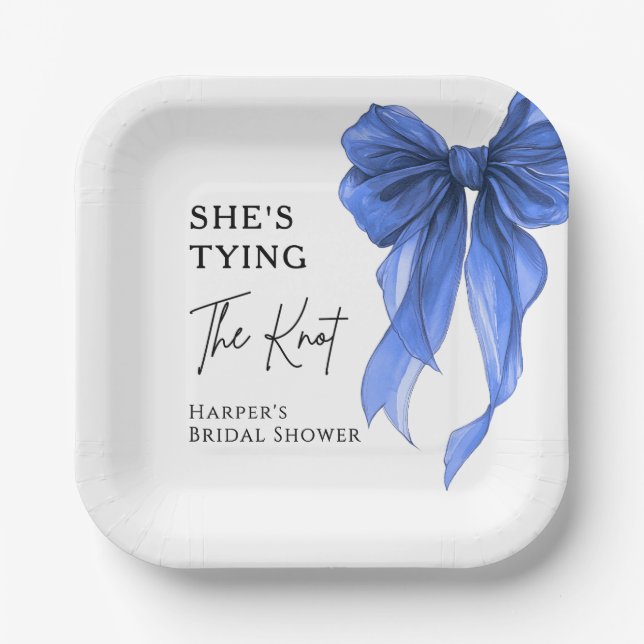 Plato De Papel She's Tying The Knot Blue Bow Bridal Shower (Anverso)