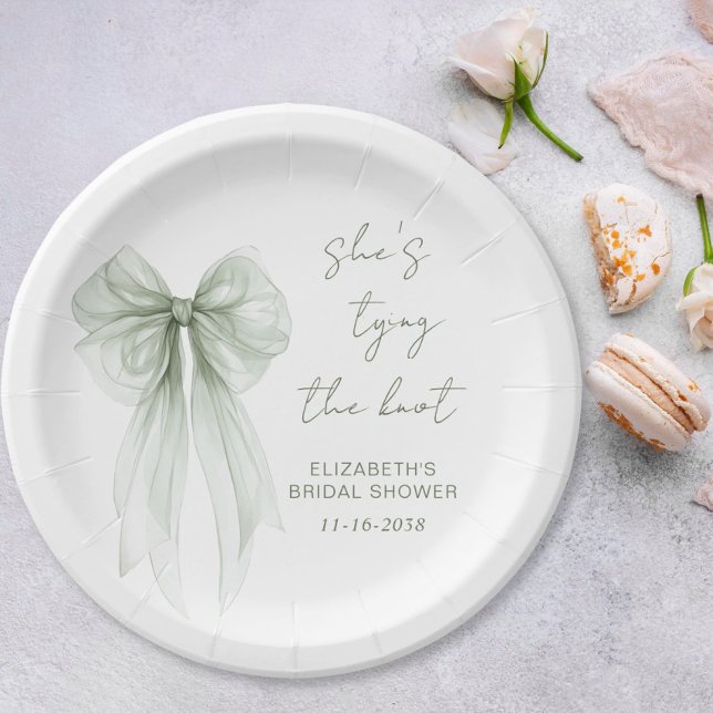 Plato De Papel She's Tying The Knot Sage Green Bow Bridal Shower (She's Tying The Knot Sage Green Bow Bridal Shower Paper Plates)