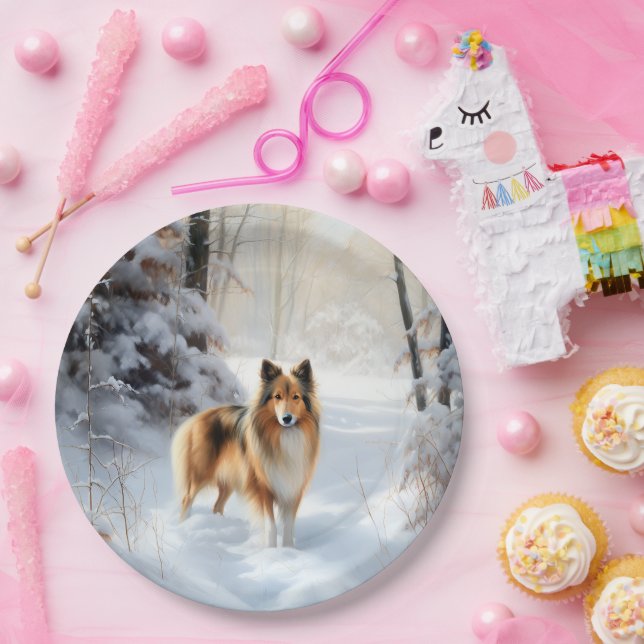 Plato De Papel Shetland Sheepdog Deja Que Nieva Navidades (Fiesta)