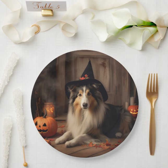 Plato De Papel Shetland Sheepdog Pumpkins Halloween Scary (Boda)