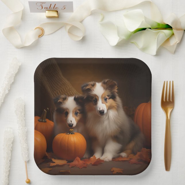 Plato De Papel Shetland Sheepdog Puppy Autumn Delight Pumpkin (Boda)