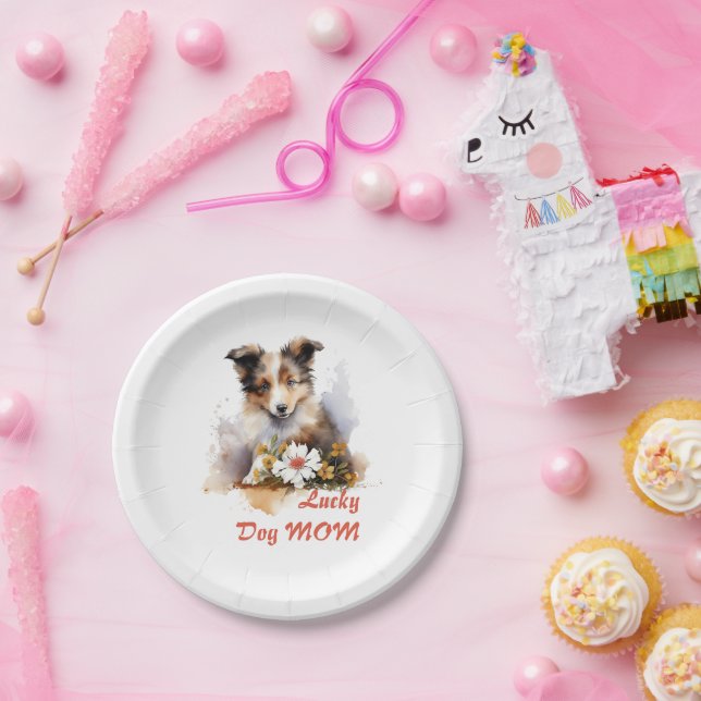 Plato De Papel Shetland Sheepdog Puppy Mascota Flor acuática (Fiesta)