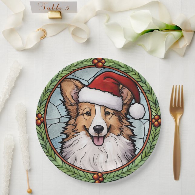 Plato De Papel Shetland Sheepdog StainGlass Navidades (Boda)