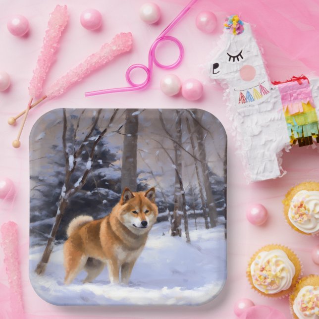 Plato De Papel Shiba Inu deja que nieve Navidades (Fiesta)
