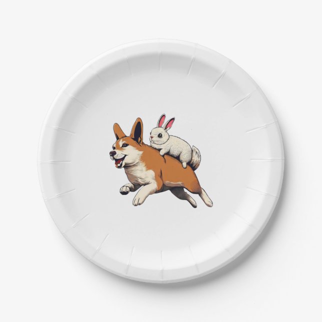 Plato De Papel Shiba Inu Dog and Rabbit - Jugando juntos diseño (Anverso)