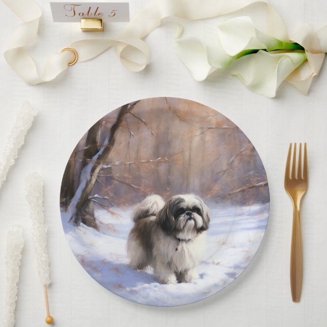 Plato De Papel Shih Tzu deja que nieve Navidades (Boda)