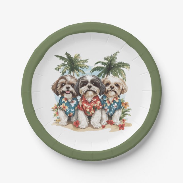 Plato De Papel Shih Tzu Dogs con Camisetas hawaianos (Anverso)