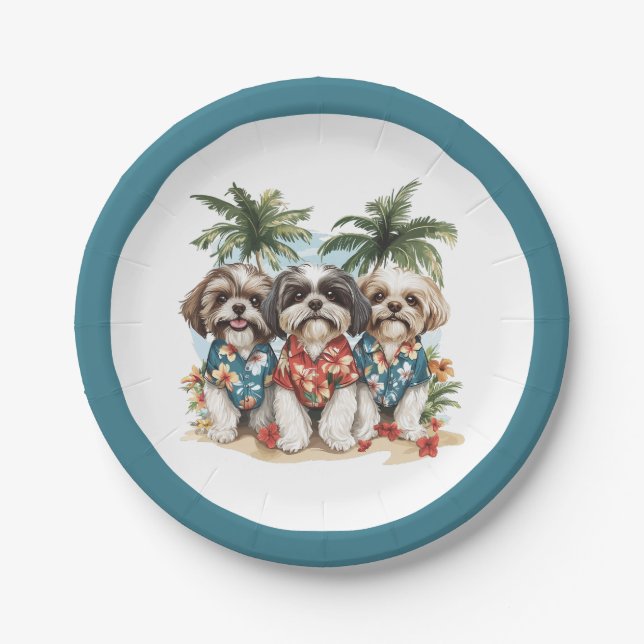 Plato De Papel Shih Tzu Dogs con Camisetas hawaianos (Anverso)