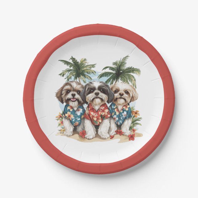 Plato De Papel Shih Tzu Dogs con Camisetas hawaianos (Anverso)