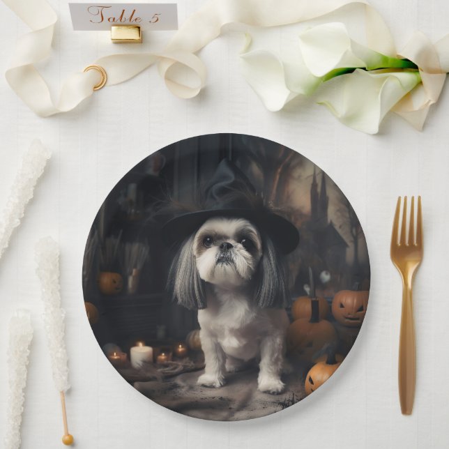 Plato De Papel Shih Tzu Pumpkins Halloween Scary (Boda)