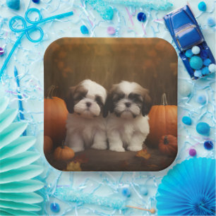 Plato De Papel Shih Tzu Puppy Calabaza deslumbrante de otoño