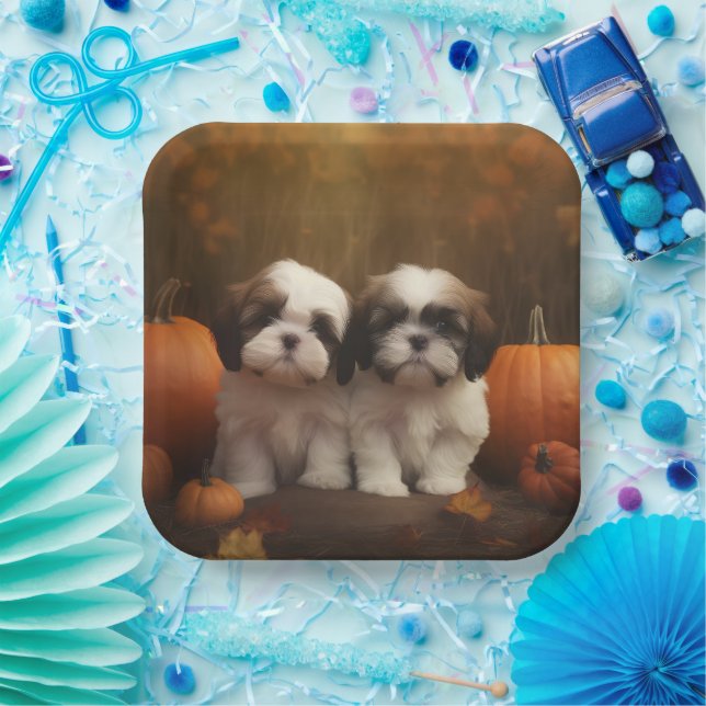 Plato De Papel Shih Tzu Puppy Calabaza deslumbrante de otoño (Fiesta)