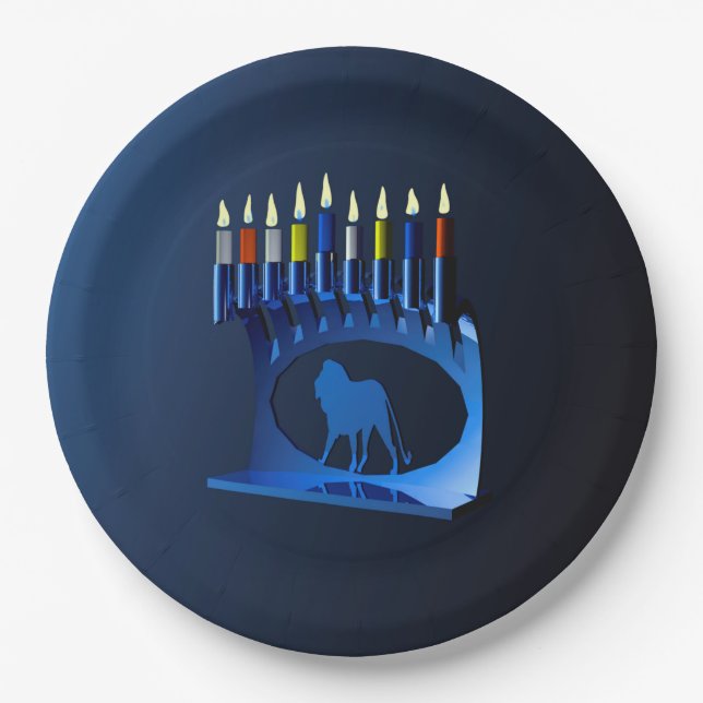 Plato De Papel Shiny Blue Chanukkah Menorah (Anverso)