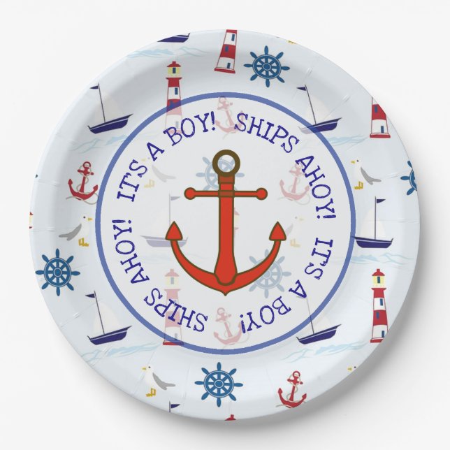 Plato De Papel Ships Ahoy es un niño, Nautical Oceanic Baby Showe (Anverso)