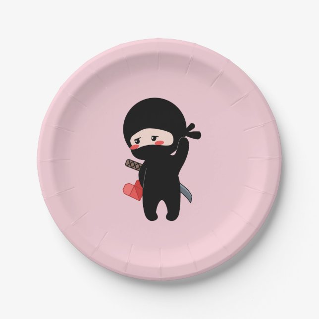 Plato De Papel Shy Blushing Ninja Holding Origami Paper Heart Pnk (Anverso)