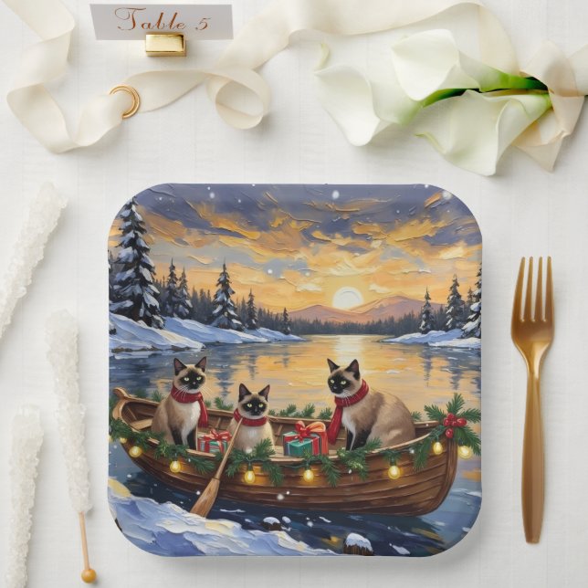 Plato De Papel Siamese Cat Christmas Boat Holiday (Boda)
