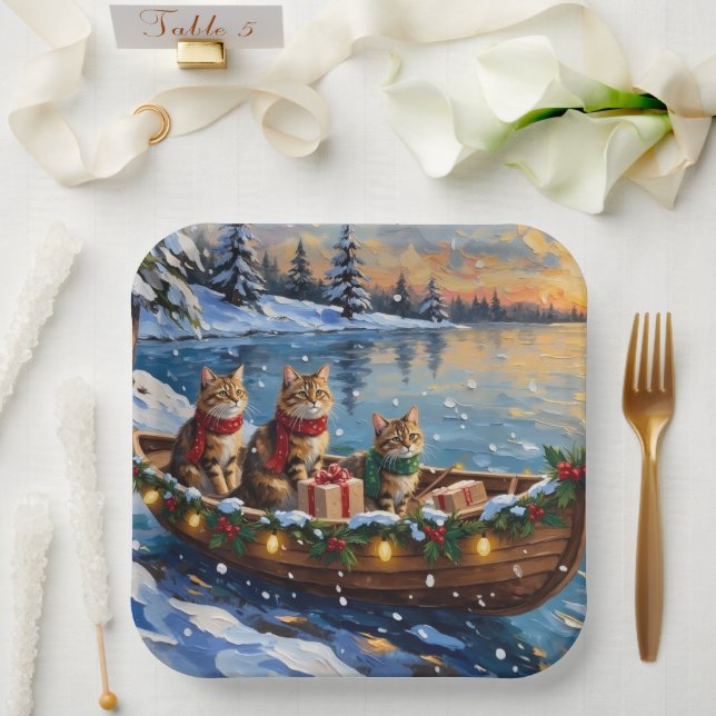 Plato De Papel Siberian Cat Christmas Boat Holiday (Boda)