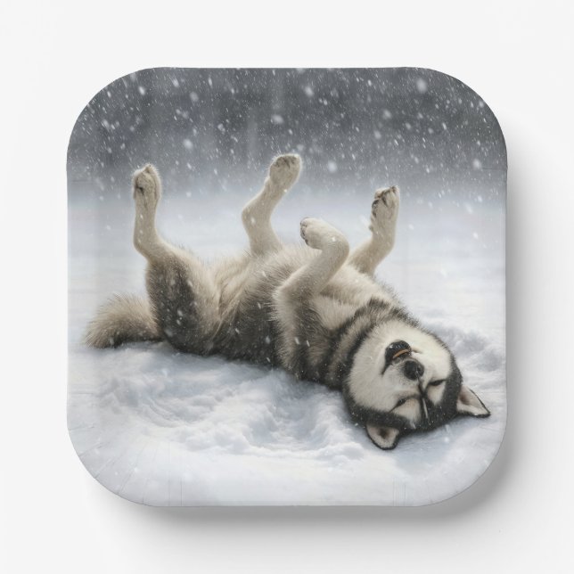 Plato De Papel Siberian Huskey Creating a Snow Angel (Anverso)