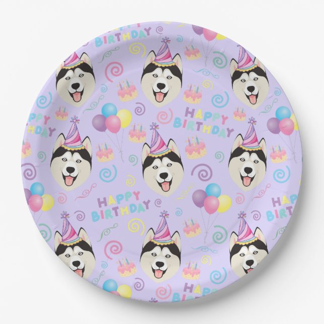 Plato De Papel Siberian Husky Birthday Party Paper Plates Purple (Anverso)