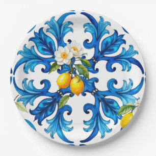 Plato De Papel siciliano, verano, limón, mosaico, azul,