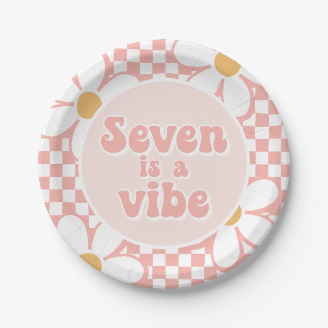 Plato De Papel Siete es un ambiente Pink Daisy Checker (Anverso)