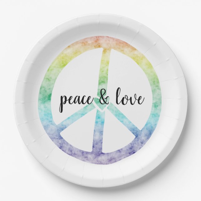Plato De Papel Signo de paz arcoiris con corazón personalizado (Anverso)