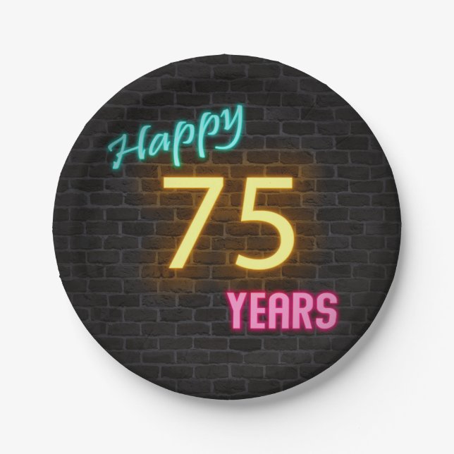 Plato De Papel Signo Neon 75 en pared de ladrillo (Anverso)