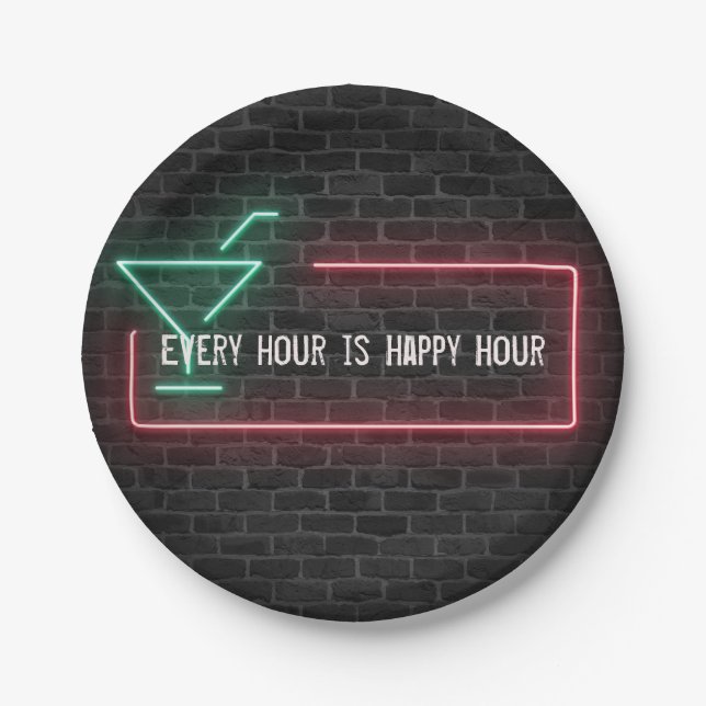 Plato De Papel Signo Neon Marquee Happy Hour (Anverso)