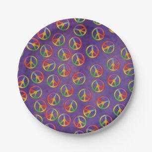 Plato De Papel Signos de Paz Tie Dye en Morado