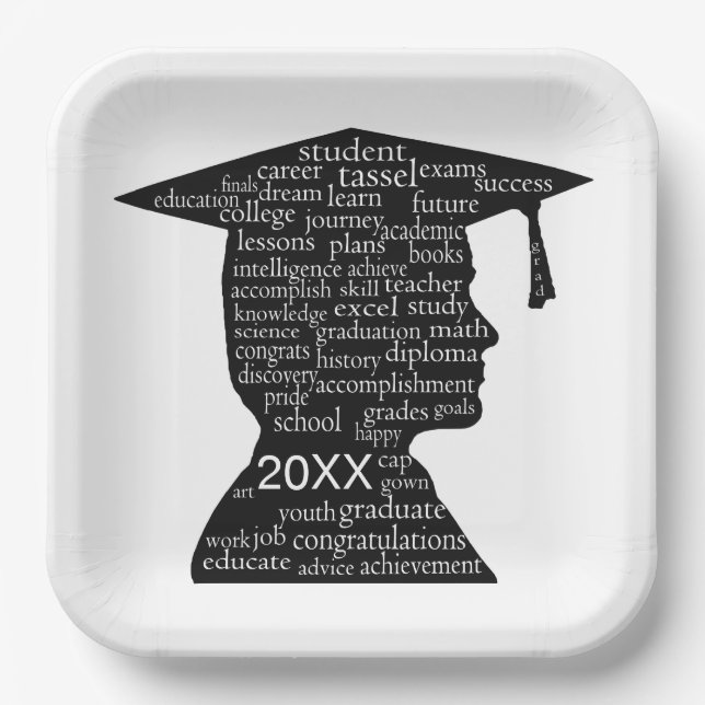 Plato De Papel Silhouette Boy Graduate on White  (Anverso)