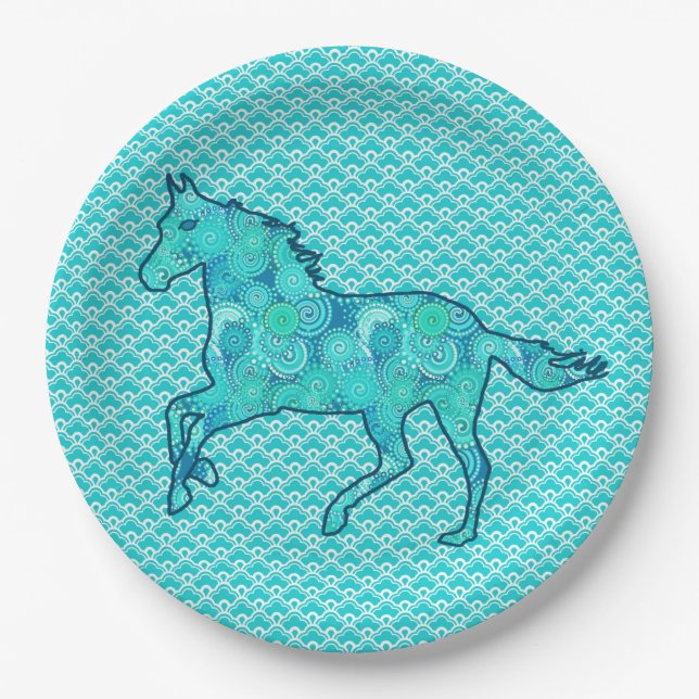 Plato De Papel Silhouette de caballo en marcha, turquesa y aqua (Anverso)