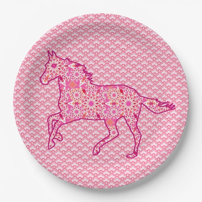 Plato De Papel Silhouette de caballo, fuchsia y rosa de coral (Anverso)