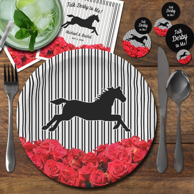 Plato De Papel Silhouette de caballo Roses Roses Roses Black Stri (Derby plates, napkins and confetti dots all sold separately in our collection.)