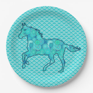 Plato De Papel Silhouette de caballo, turquesa y aqua