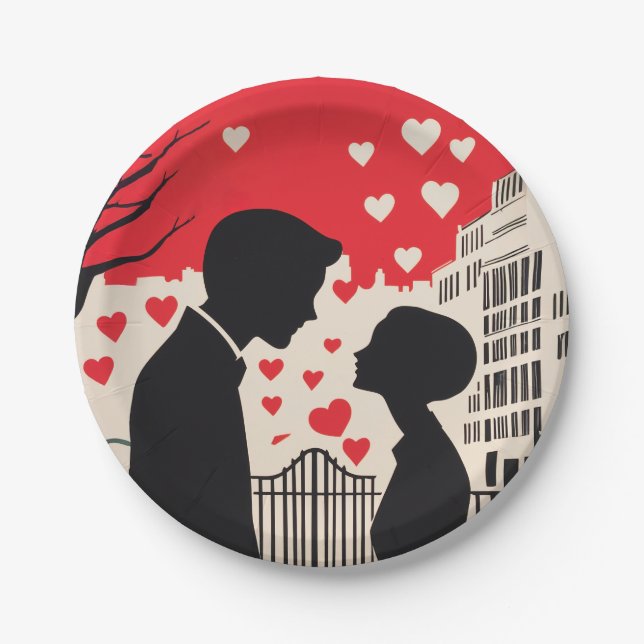 Plato De Papel Silhouette romántica Pareja Corazones de paisajes  (Anverso)