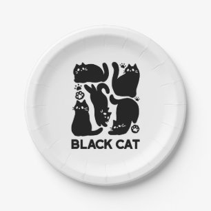 Plato De Papel Silhouettes de gato negro - Diseño felino lindo