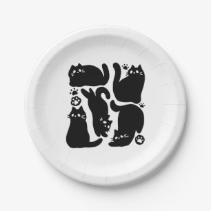 Plato De Papel Silhouettes de gato negro - Diseño felino lindo