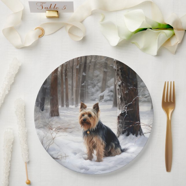 Plato De Papel Silky Terrier deja que nieve Navidades (Boda)
