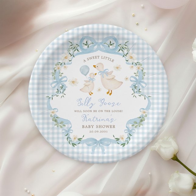 Plato De Papel Silly Goose Blue Bow Gingham Boy Baby Shower (Subido por el creador)