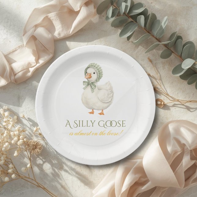 Plato De Papel Silly Goose Daisy Sage Green Neutral Baby Shower (Subido por el creador)