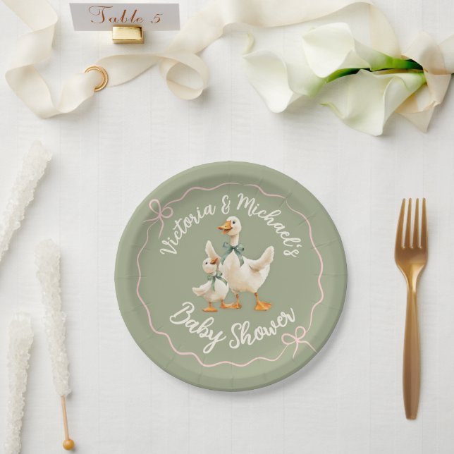 Plato De Papel Silly Goose Gingham Bow Baby Shower (Boda)
