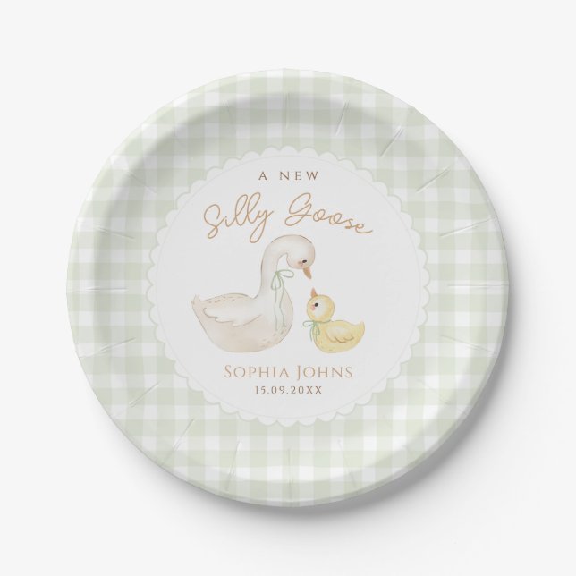Plato De Papel Silly Goose Gingham Duck ducha de bebé (Anverso)
